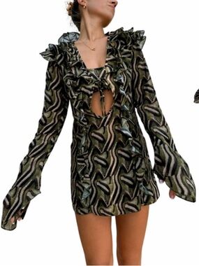 Strawberry Milk Mob Jungle Chiffon Ruffle Cutout Mini Dress M